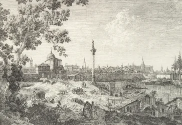 Vue imaginaire de Padoue, avec un campanile et une église à dôme à gauche, une colonne surmontée, 1735-46