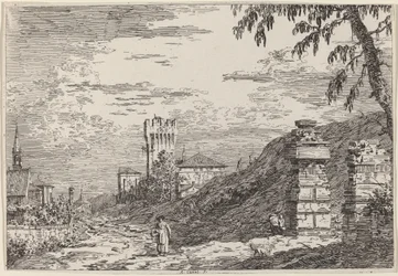 Paysage avec tour et deux piliers en ruine, vers 1735-1746