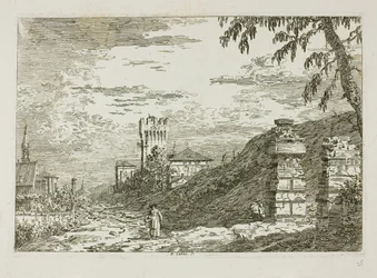 Paysage avec tour et deux piliers en ruine, de Vedute