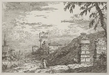 Paysage avec tour et deux colonnes en ruine [à gauche]