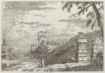 Paysage avec tour et deux piliers en ruine [gauche], vers 1735-1746