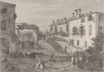 Le porte del Dolo : le bassin ovale des écluses à Dolo, avec une barge amarrée au quai