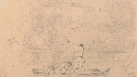 Croquis de deux hommes dans un bateau et une maison sur le rivage