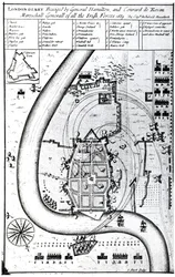 Londonderry assiégé par le général Hamilton et Conrad de Rosen, gravé par J. Sturt, 1689