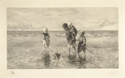 Quatre enfants jouant avec un bateau jouet sur la plage