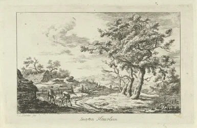 Chasseurs avec un chien sur un chemin