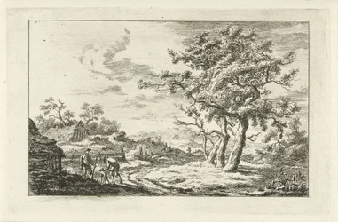 Chasseurs avec un chien sur un chemin