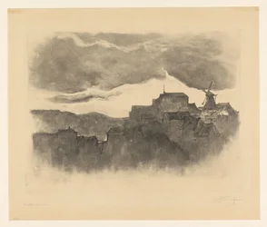Ville avec moulin sur une colline