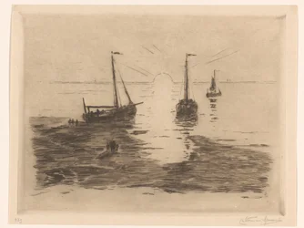 Paysage marin avec voiliers et coucher de soleil
