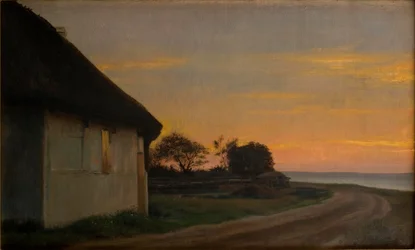 Paysage du soir avec une maison et un jardin au bord de la mer. Ellekilde