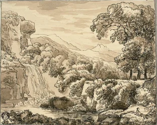 Paysage de montagne avec cascade et personnages