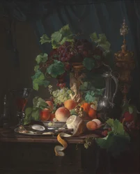 Nature morte avec verre à vin, huîtres, citron et autres fruits