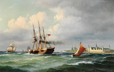 Danish : Seascape off Kronborg with numerous ships and a pilot boat Seascape off Kronborg with numerous ships and a pilot boat