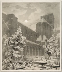 Église et cimetière dans la neige au clair de lune