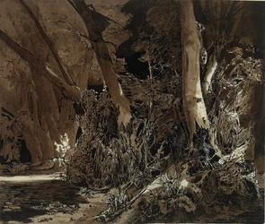 Paysage forestier avec eau courante et deux chasseurs
