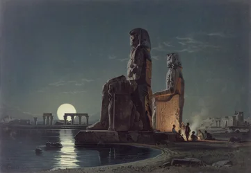 Les colosses de Memnon, Thèbes, une des 24 illustrations produites par G.W. Seitz, imprimée vers 1872