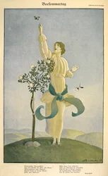 Dessin sur le poème "Vorsommertag". Une femme atteignant un papillon.