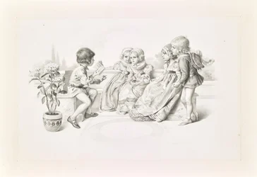 Enfants, en costume médiéval, écoutant un chanteur