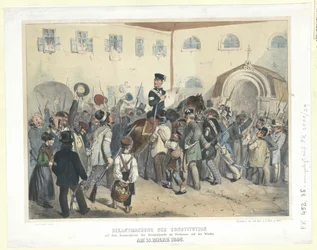 Proclamation de la Constitution au lieu de rassemblement de la Garde nationale dans le Freihaus sur la Wieden le 15 mars 1848