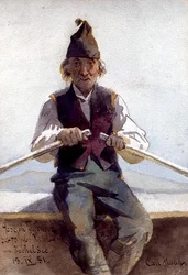 Joseph Zwenger dans une barque, Hautes-Bavaroises