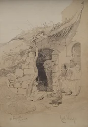 Trois figures assises devant une maison, Nazareth, 1859
