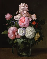 Nature morte de roses roses et hortensias. Peinture de Carl Henrik Koch Moller (1845-1920) Collection privee.