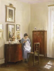 Intérieur avec dame cousant, vers 1910