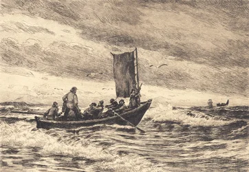 Bateau de pêche dans les vagues