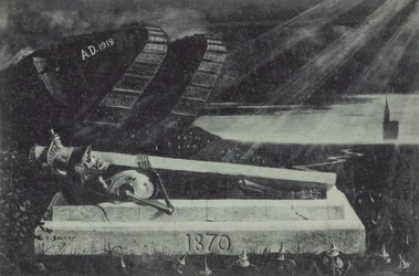 Un char allié victorieux de la Première Guerre mondiale passe devant la tombe d