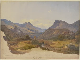 Vue de Subiaco, avec un pont au premier plan