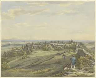 Cour du château en ruine de Falkenstein avec vue sur la plaine du Main, l