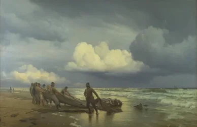 Pêcheurs tirant des filets sur la plage nord de Skagen
