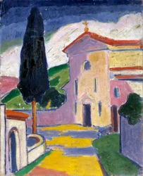 Église avec cèdre à gauche