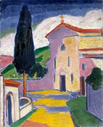 Église avec cèdre à gauche, avant 1932