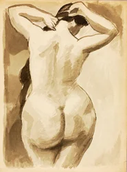 Femme nue arrangeant ses cheveux, vue de dos