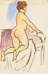 Femme nue reposant à genoux sur un lit