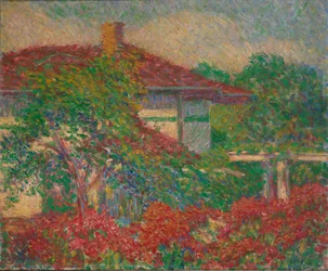 Paysage avec bâtiment au toit rouge, vers 1880-1910