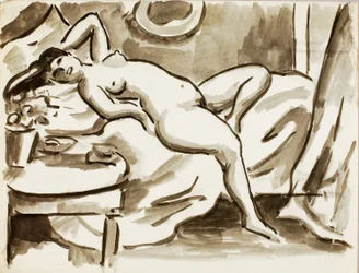 Nu féminin couché avec table