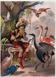 Papageno, avec une flûte de Pan, amène les oiseaux de la forêt. Illustration de Carl Offterdinger (1829-1889) dans «La Flûte enchantée» (Die Zauberflöte, flauto magico, The Magic Flute). Collection privée.