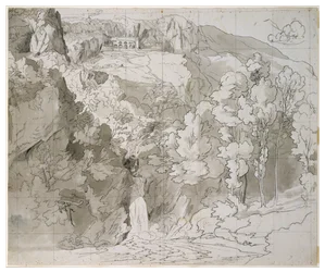 Paysage près de Subiaco avec une cascade et le monastère de San Benedetto