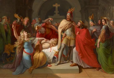 Kriemhild désigne Hagen comme le meurtrier de Siegfried auprès du cadavre de Siegfried et jure vengeance