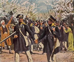 La Landwehr se met en route pour la guerre de libération, printemps 1813 (lithographie couleur agrandie)
