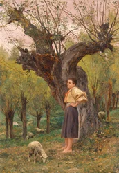 French : Jeune fille debout devant un saule