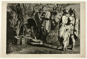 Diogène dans son tonneau avec Alexandre et ses généraux