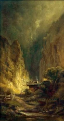 Moulin devant un ravin rocheux avec deux figures