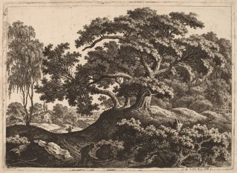 Paysage avec homme poussant une charrette