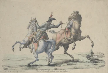 Un cheval démonté retenu par un officier