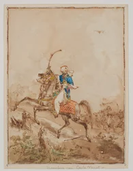Un Arabe sur un cheval au galop