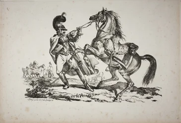 Cuirassier à pied retenant son cheval cabré