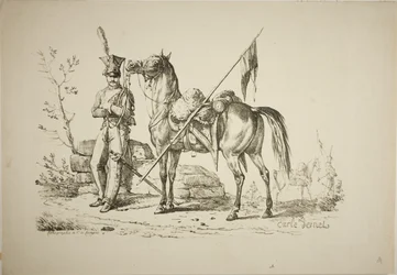 Lancier à pied marchant à côté de son cheval